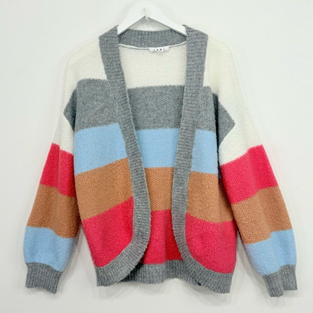 THML Blue Orange Color Block Stripe Open Front Fuzzy Oversized Slouchy Sweater